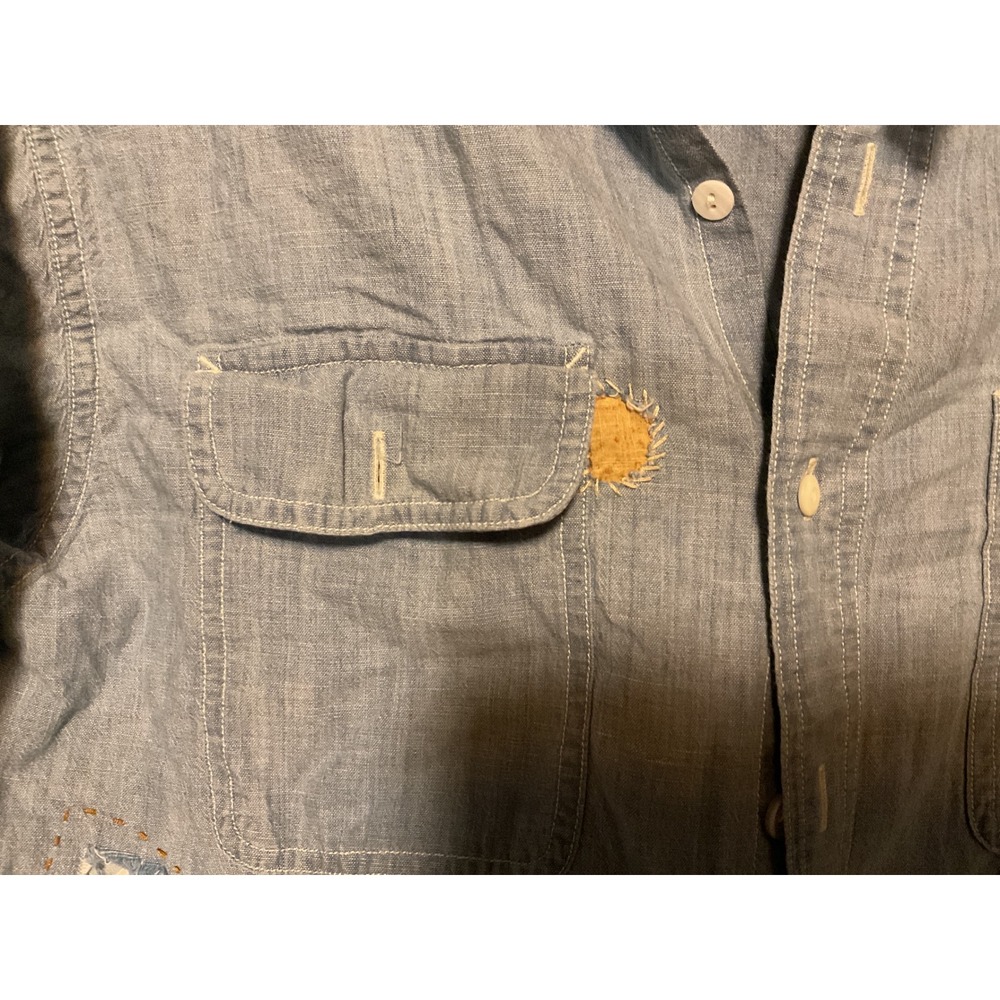 Polo Ralph Lauren Mens Blue Chambray Distressed Patchwork Button Down Shirt S - Picture 4 of 7